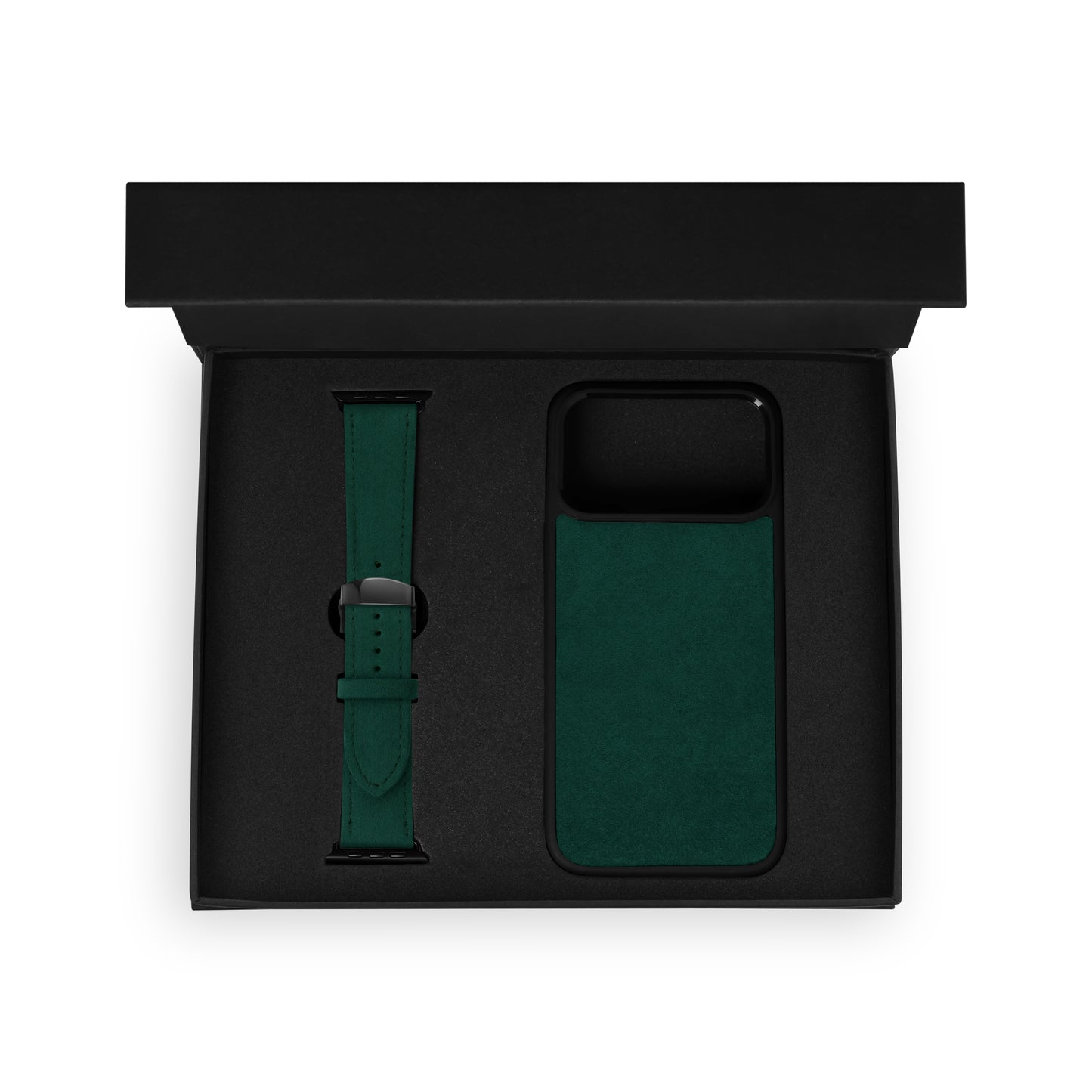 Набор из чёрной телячьей кожи флотар: чехол для iPhone и ремешок Apple Watch