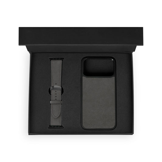 Набор из чёрной телячьей кожи флотар: чехол для iPhone и ремешок Apple Watch