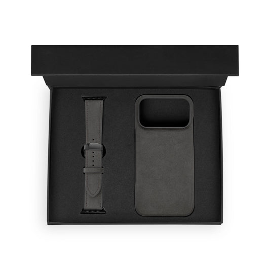Набор из чёрной телячьей кожи флотар: чехол для iPhone и ремешок Apple Watch
