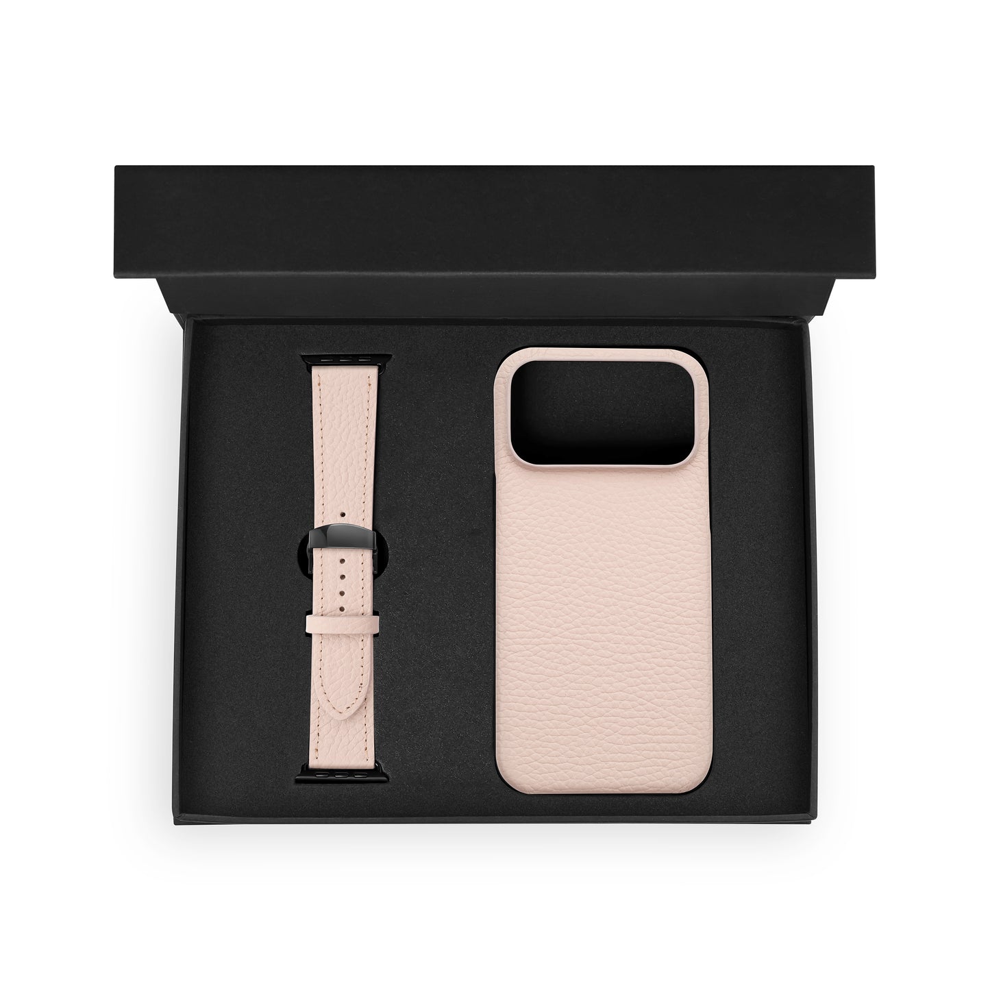 Set of black calf leather flotar, case for iPhone and Apple Watch strap