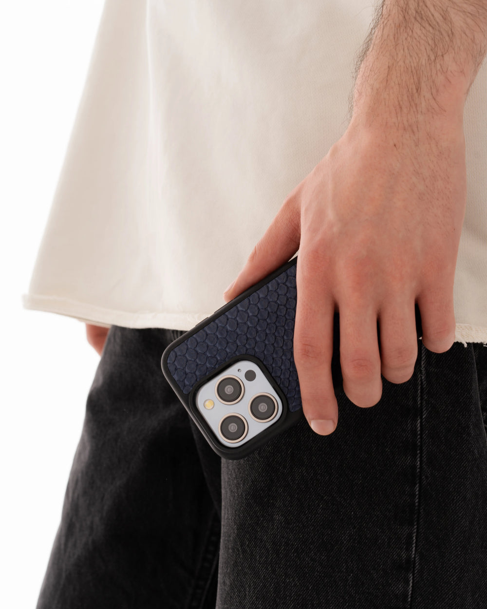 Dark blue small scale python leather case for iPhone 15 Plus