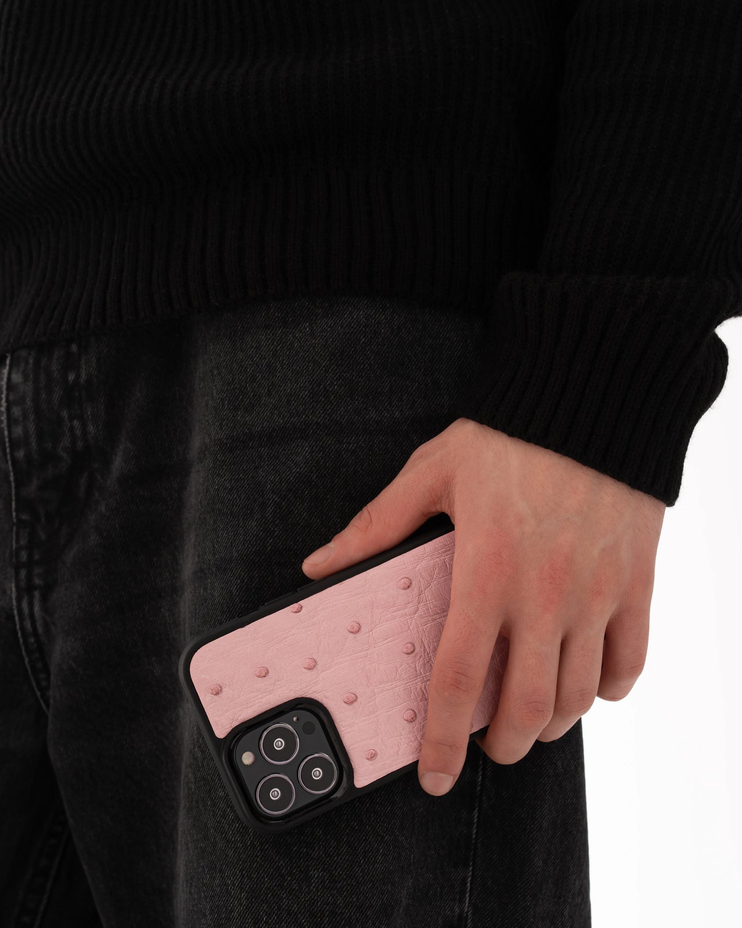 Чохол із рожевої шкіри страуса з фолікулами для iPhone 14 Pro