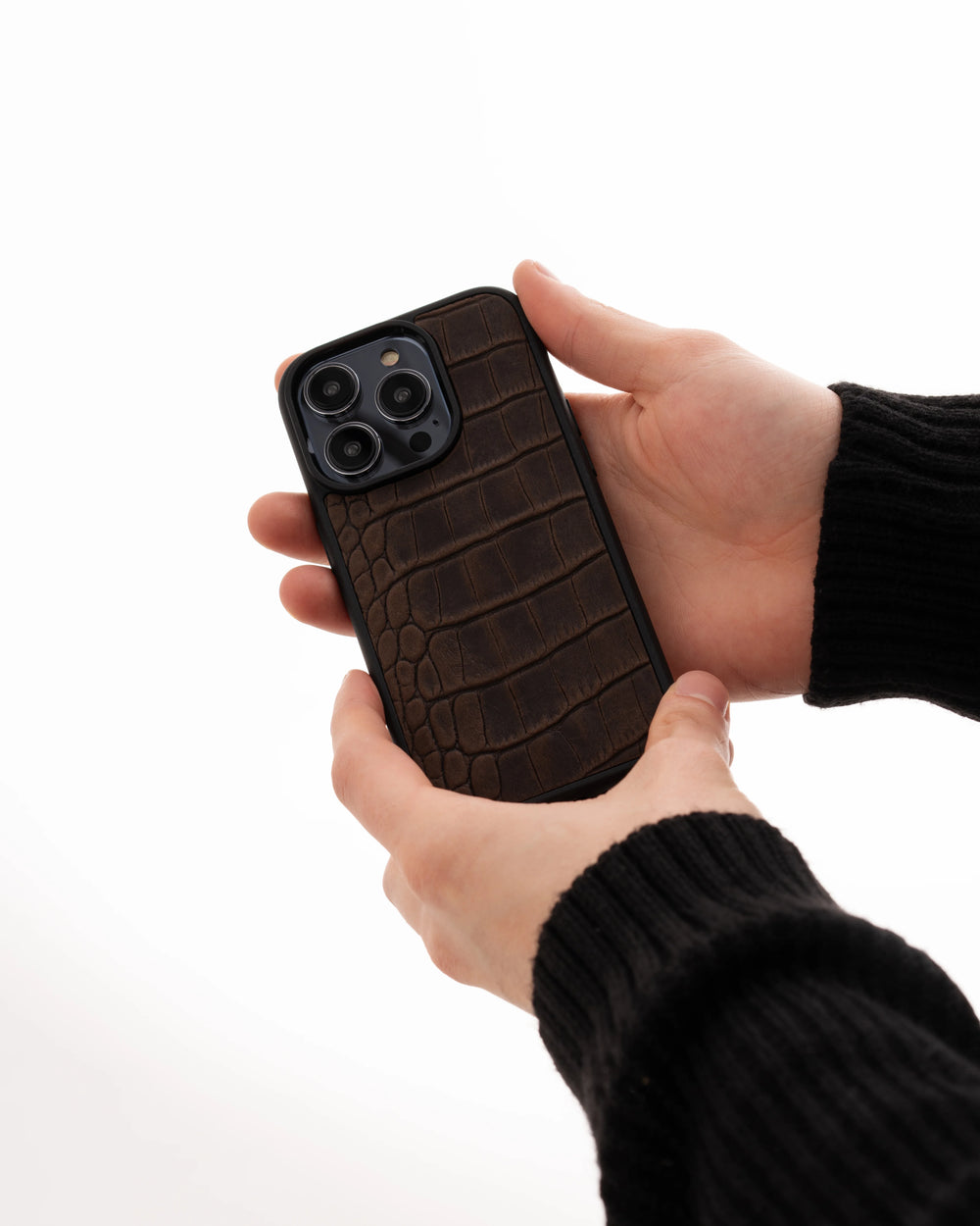 Dark brown crocodile embossing calfskin case for iPhone 15