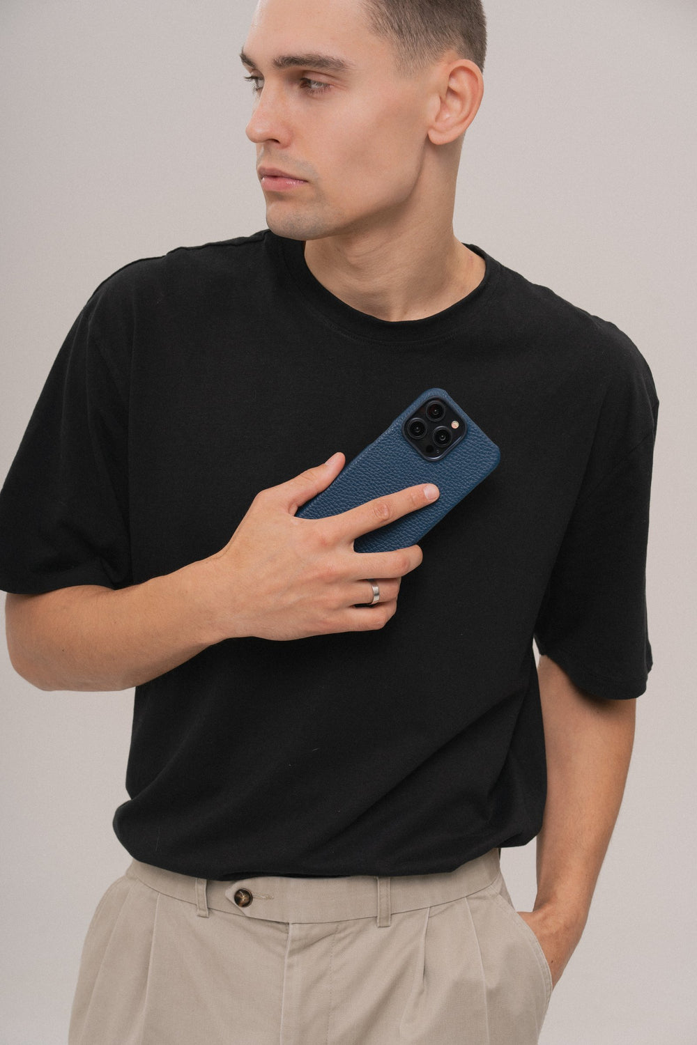 Dark blue leather case for iPhone 15