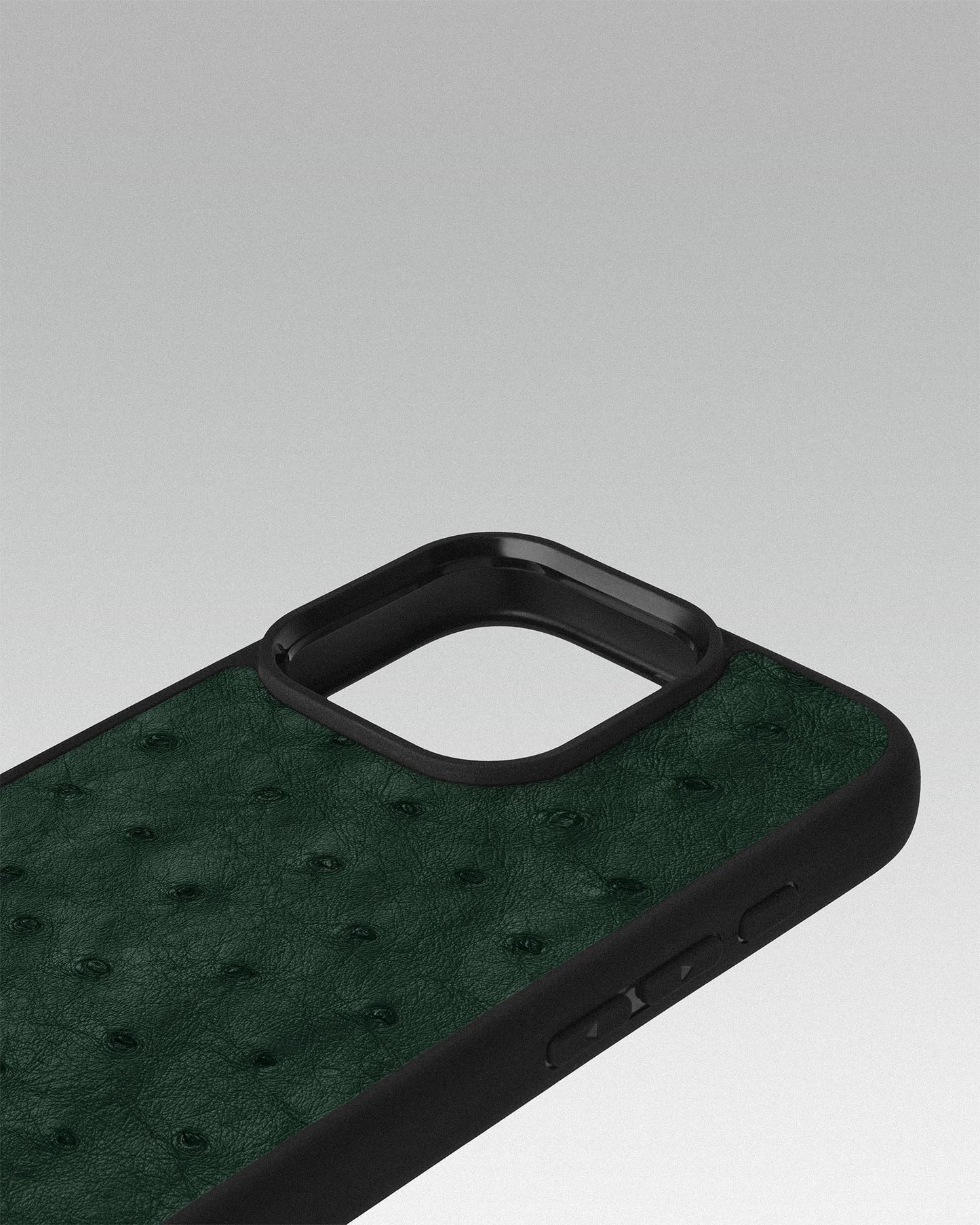 Чохол із темно-зеленої шкіри страуса з фолікулами для iPhone 16 Pro Max