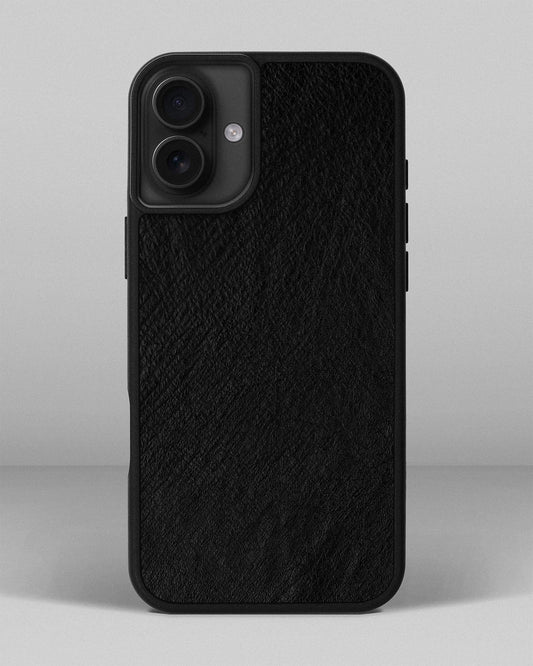 Чохол із чорної шкіри страуса без фолікул для iPhone 16 Plus