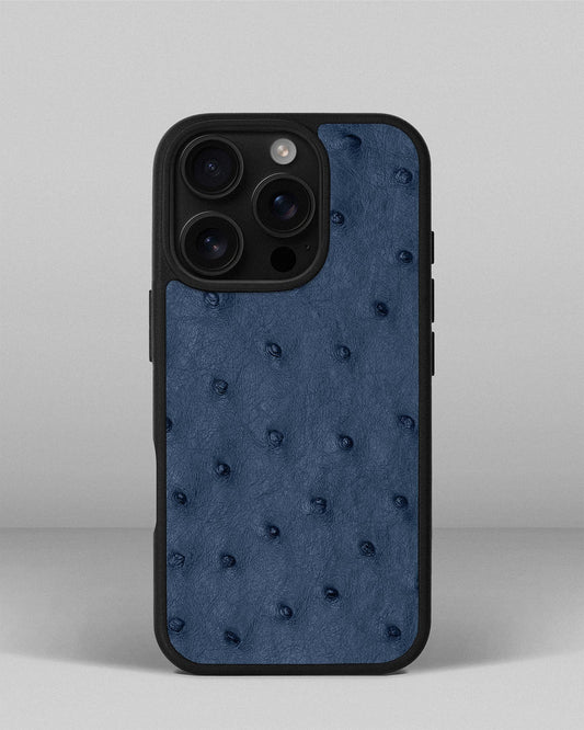 Чохол із синьої шкіри страуса з фолікулами для iPhone 16 Pro
