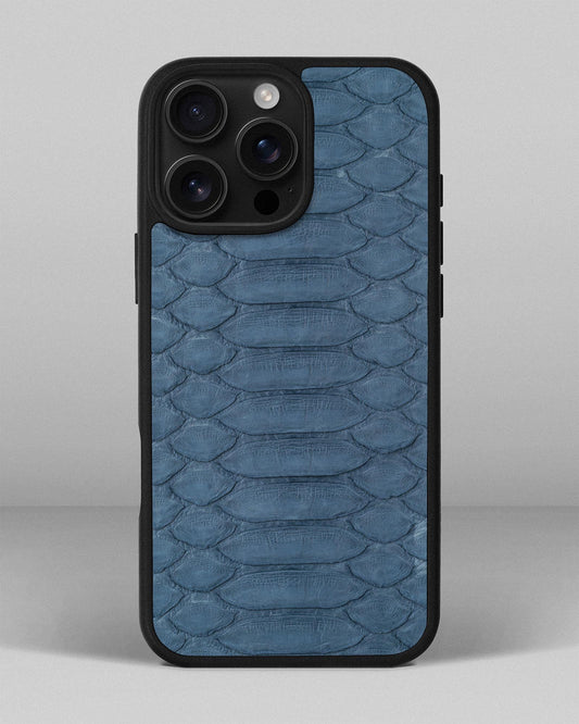 Чохол із синьо-сірої шкіри пітона з широкими лусочками для iPhone 16 Pro Max
