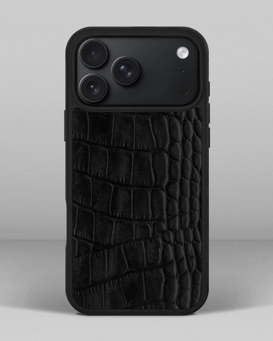 Чохол із чорного тиснення під крокодила на телячій шкірі для iPhone 18 Pro Max
