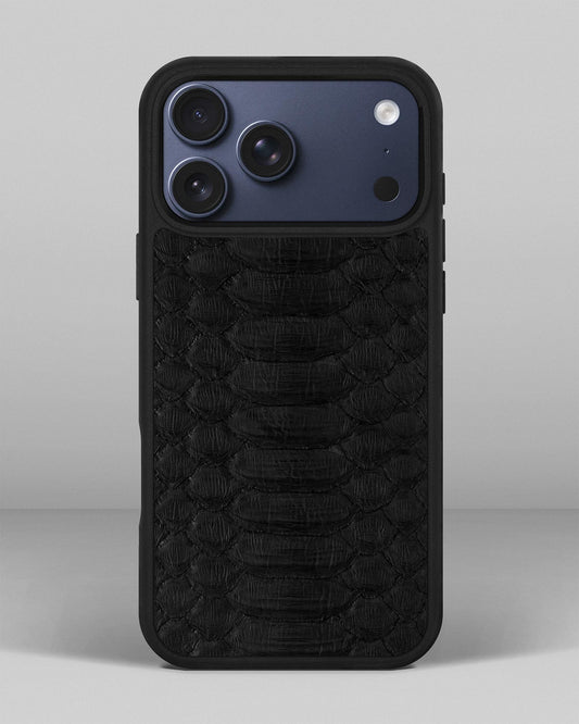 Black python leather case with wide scales for iPhone 17 Pro Max