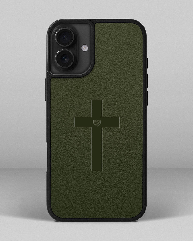 Чохол для iPhone 16 Plus в зеленому кольорі з тисненням хрест з серцем