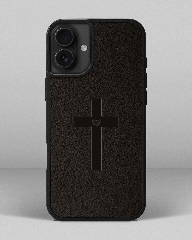 Чохол для iPhone 12 Mini в темно-коричневому кольорі з тисненням хрест з серцем