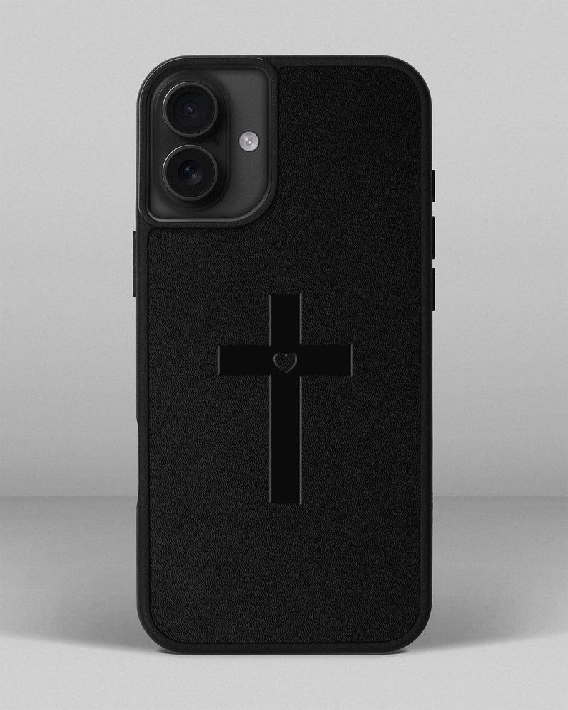 Чохол для iPhone 16 Plus із шкіри купон в чорному кольорі з тисненням хрест з серцем