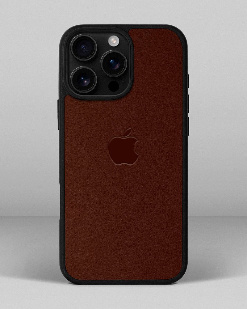 Чохол для iPhone 16 Pro Max із шкіри купон в рудому кольорі з логотипом яблука