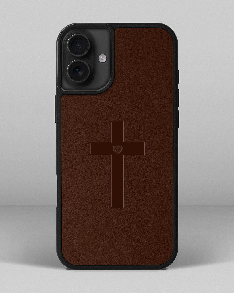Чохол для iPhone 14 Plus в рудому кольорі з тисненням хрест з серцем