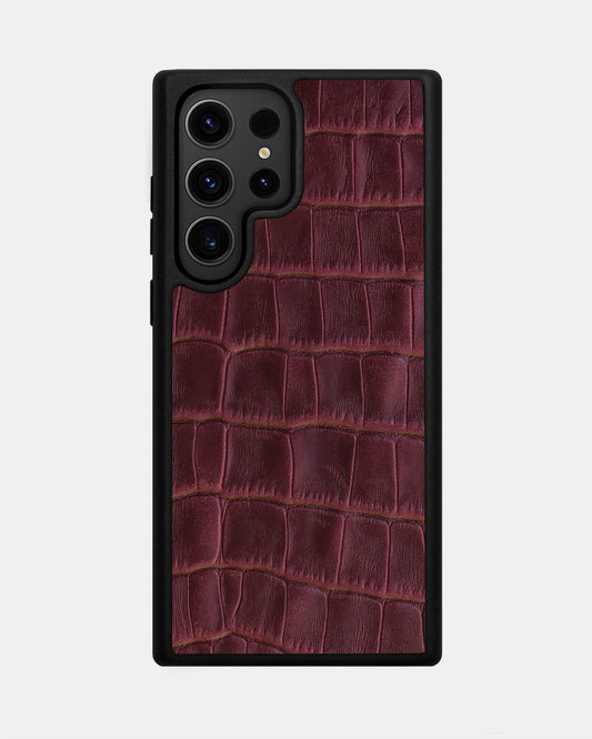 Чохол із бордового тиснення під крокодила на телячій шкірі для Samsung S23 Ultra