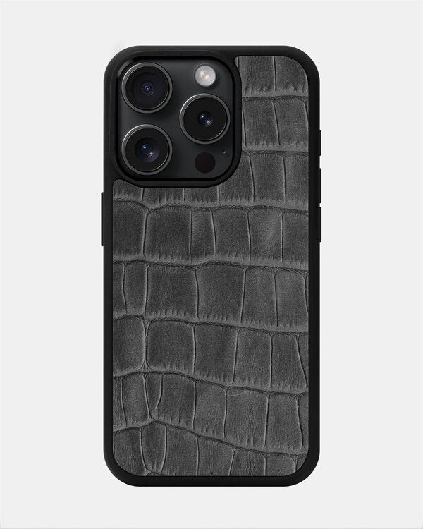 Чохол із сірого тиснення під крокодила на телячій шкірі для iPhone 15 Pro Max