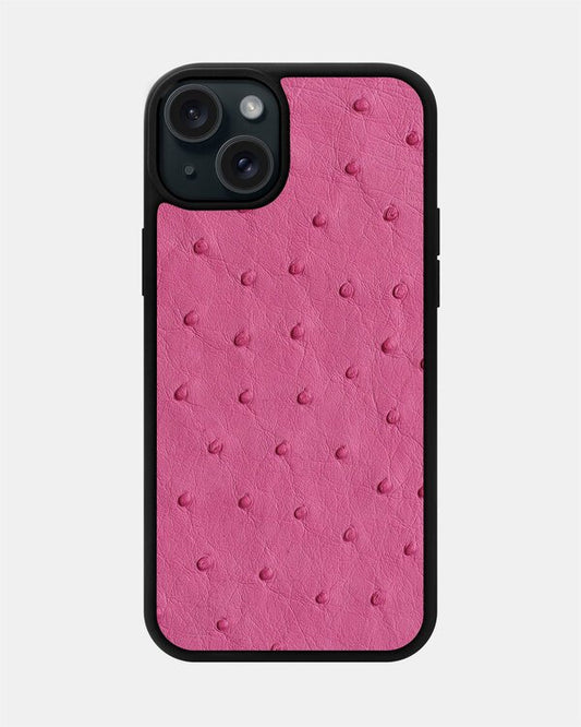 Чохол із яскраво-рожевої шкіри страуса з фолікулами для iPhone 15 Plus